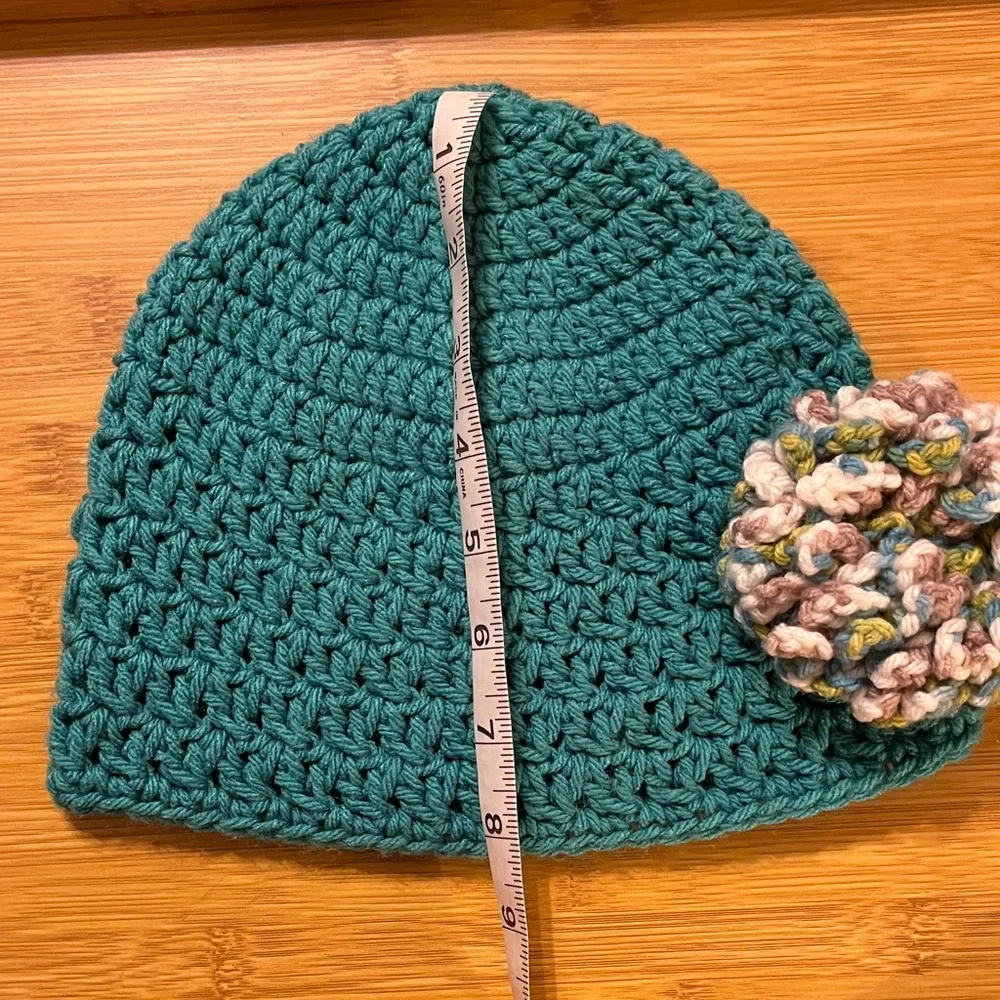 Handcrafted Teal Crochet Beanie with Multicolor Flower